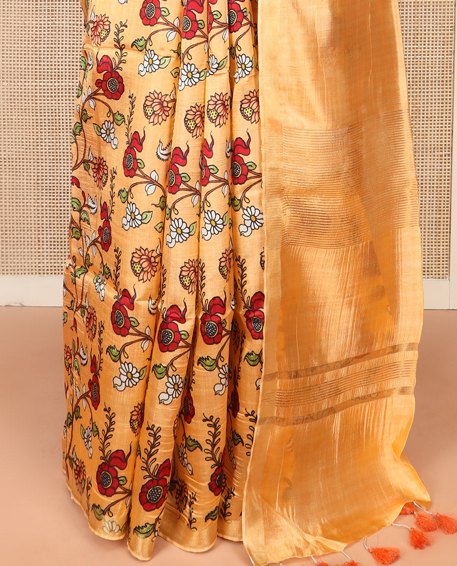 Sandal Banana Pith Saree Enriched with Floral Vine Print, Delicately Woven Zari Border, Gleaming Zari Pallu of Horizontal Stripes, and Paired with a Contrast Floral Printed Blouse
