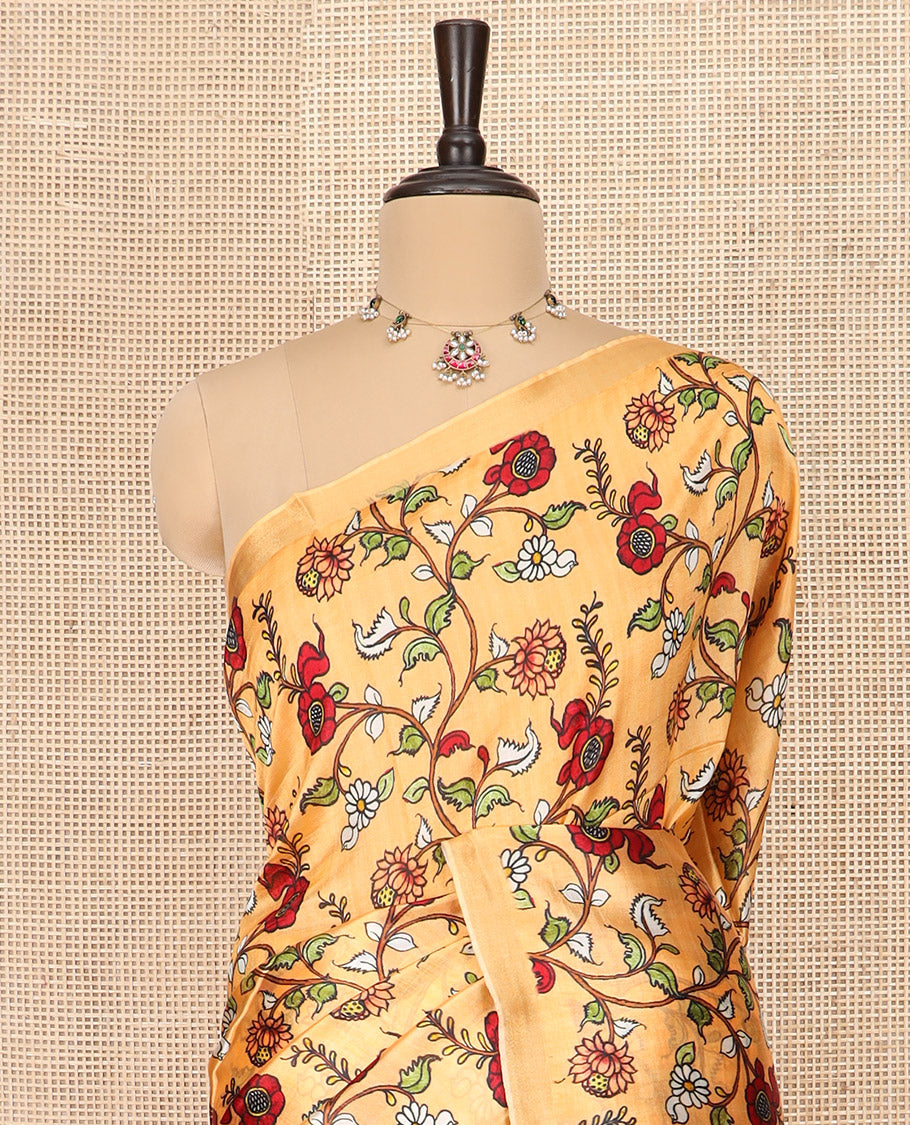 Sandal Banana Pith Saree Enriched with Floral Vine Print, Delicately Woven Zari Border, Gleaming Zari Pallu of Horizontal Stripes, and Paired with a Contrast Floral Printed Blouse