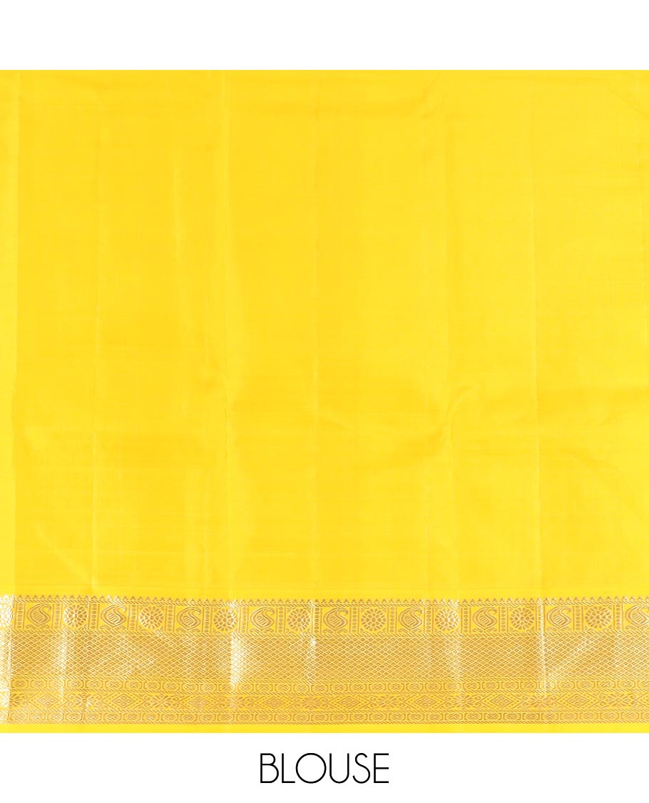 Blue zari buttas Vasundhara silk saree, contrast border of rekku, manga, chakram, mayil kann, and rudraksham designs, and intricate pallu