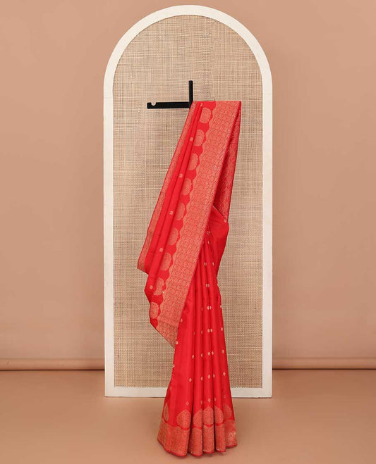 Red zari buttas silk saree, zari border and pallu of yanaai, diamond, chakram and mayil buttas enclosed checks
