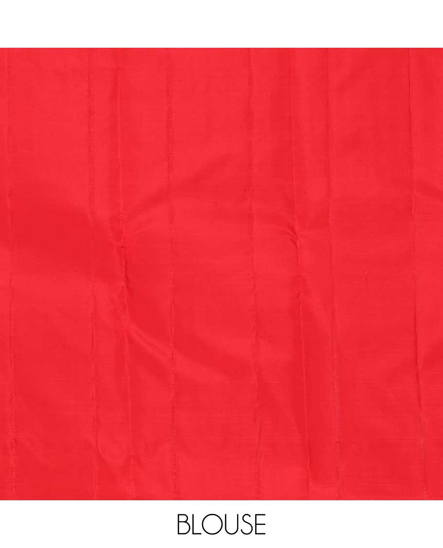 Red zari buttas silk saree, zari border and pallu of yanaai, diamond, chakram and mayil buttas enclosed checks