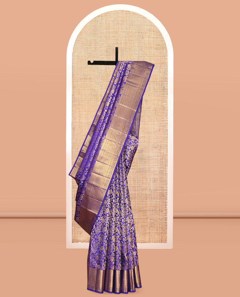 Blue Kanchipuram Wedding Silk Saree, Gleamed Up with Jacquard Design, Zari Border of Manga, Kathir, Banaras, Kodi Visiry, and Kuyil Kann, Grand Pallu, and Matching Blouse