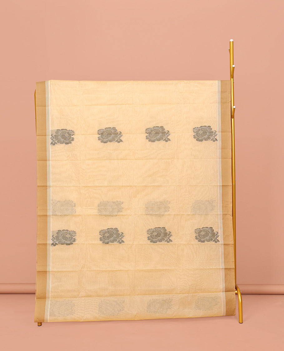 Yellow Kanchi Cotton Saree, Detailed with Buttas on Its Body, Complemented by a Contrast Border, a Pallu of Buttas and Stripes, and Paired with a Matching Blouse