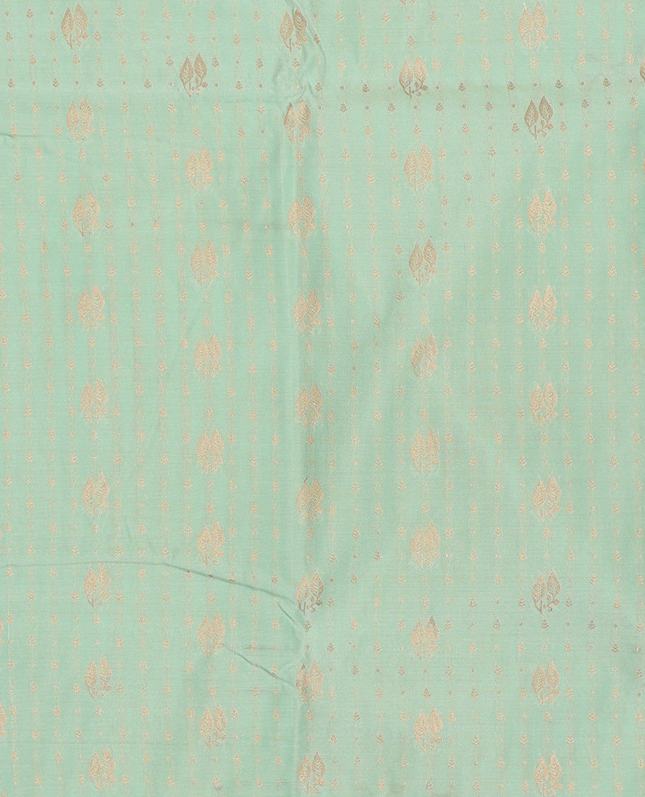 Pista green art silk pavadai set, zari design with contrast traditional zari bordered skirt and a contrast zari design blouse