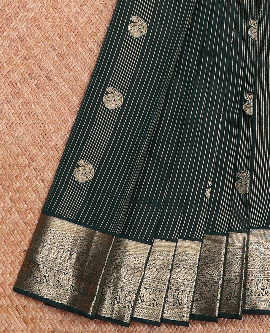 Green Budget Silk Saree Showcasing Zari Stripes and Paisley Buttas, Accentuated by a Traditional Motif Zari Border, Adorned with a Jaal-Designed Pallu, and Paired with a Matching Blouse
