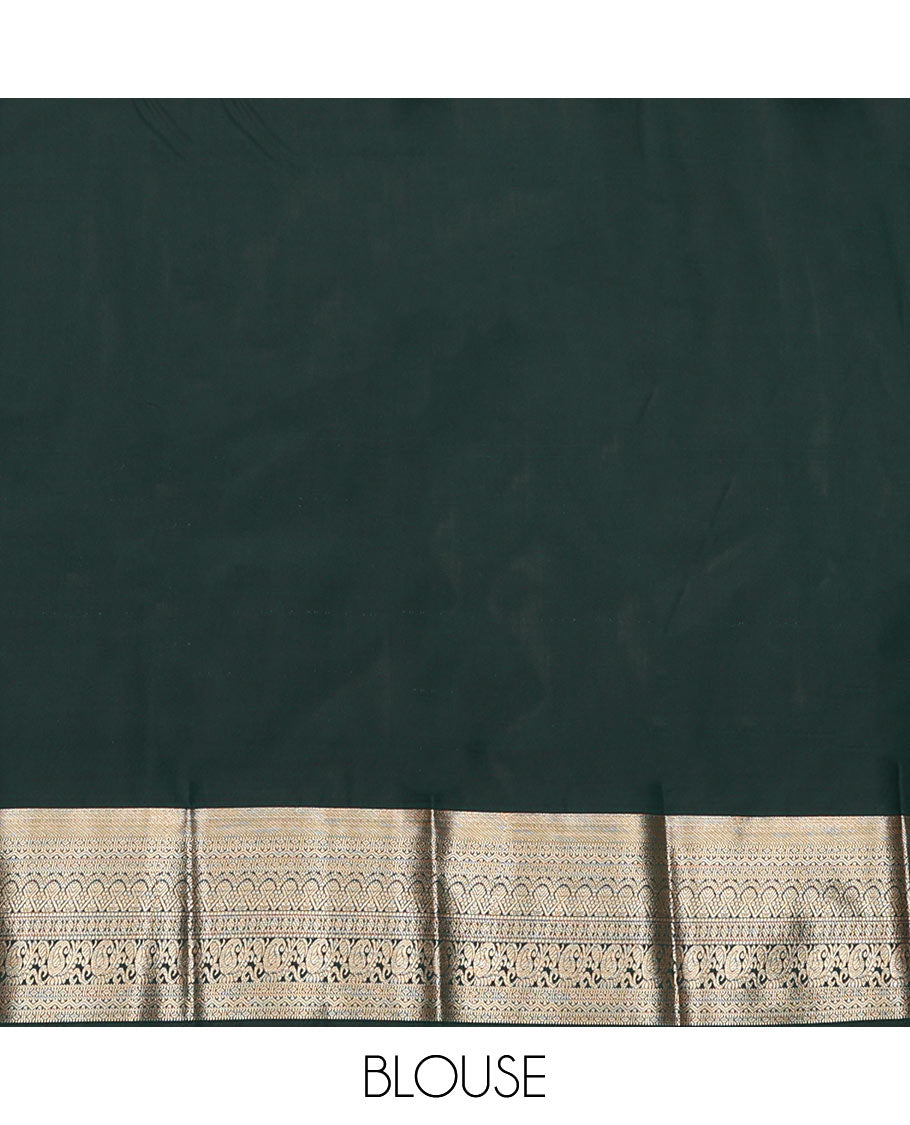 Green Budget Silk Saree Showcasing Zari Stripes and Paisley Buttas, Accentuated by a Traditional Motif Zari Border, Adorned with a Jaal-Designed Pallu, and Paired with a Matching Blouse