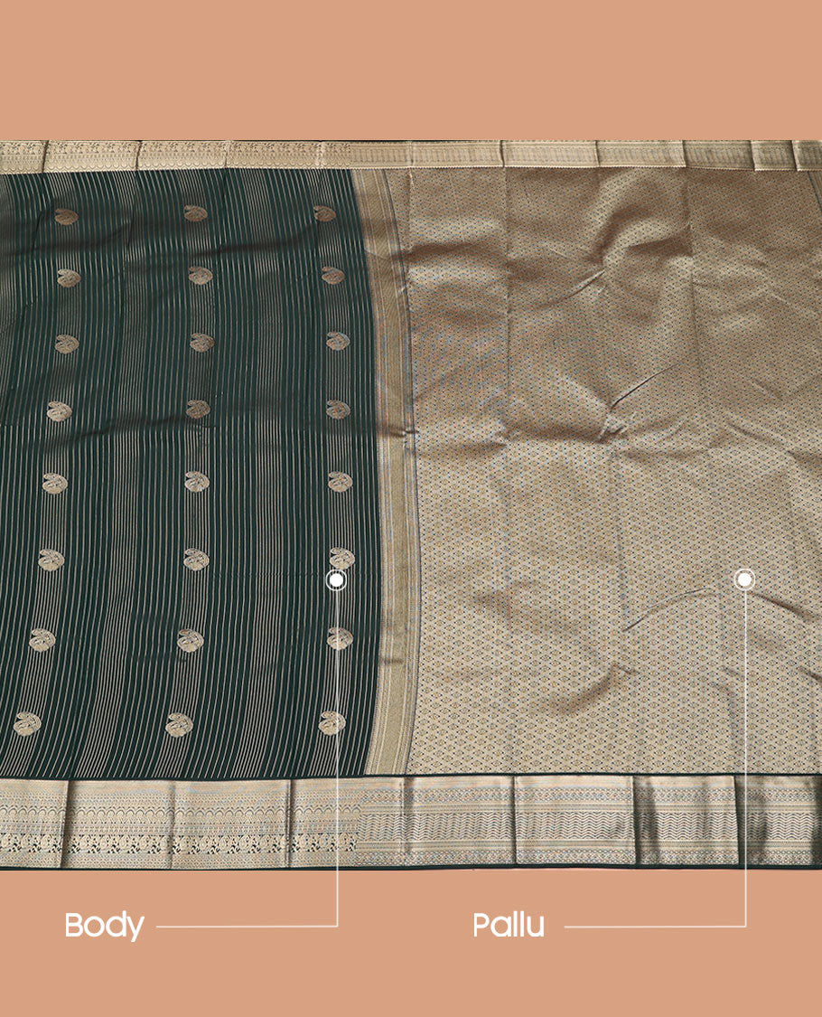 Green Budget Silk Saree Showcasing Zari Stripes and Paisley Buttas, Accentuated by a Traditional Motif Zari Border, Adorned with a Jaal-Designed Pallu, and Paired with a Matching Blouse