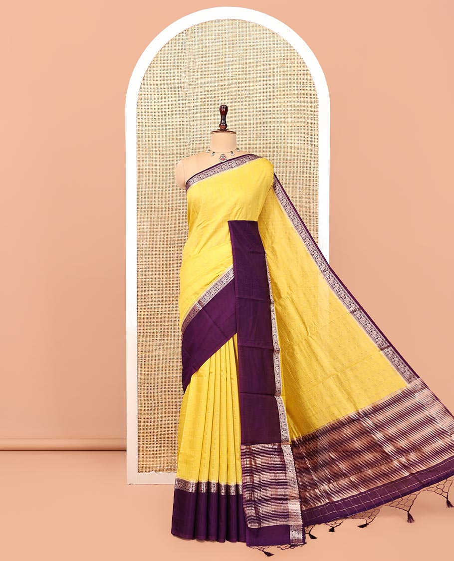 Yellow Assam Silk Saree, Sparsely Woven with Checks, Complemented by a Contrast Bird Motifs Zari Border, Zari-Striped Pallu, and a Contrast Blouse