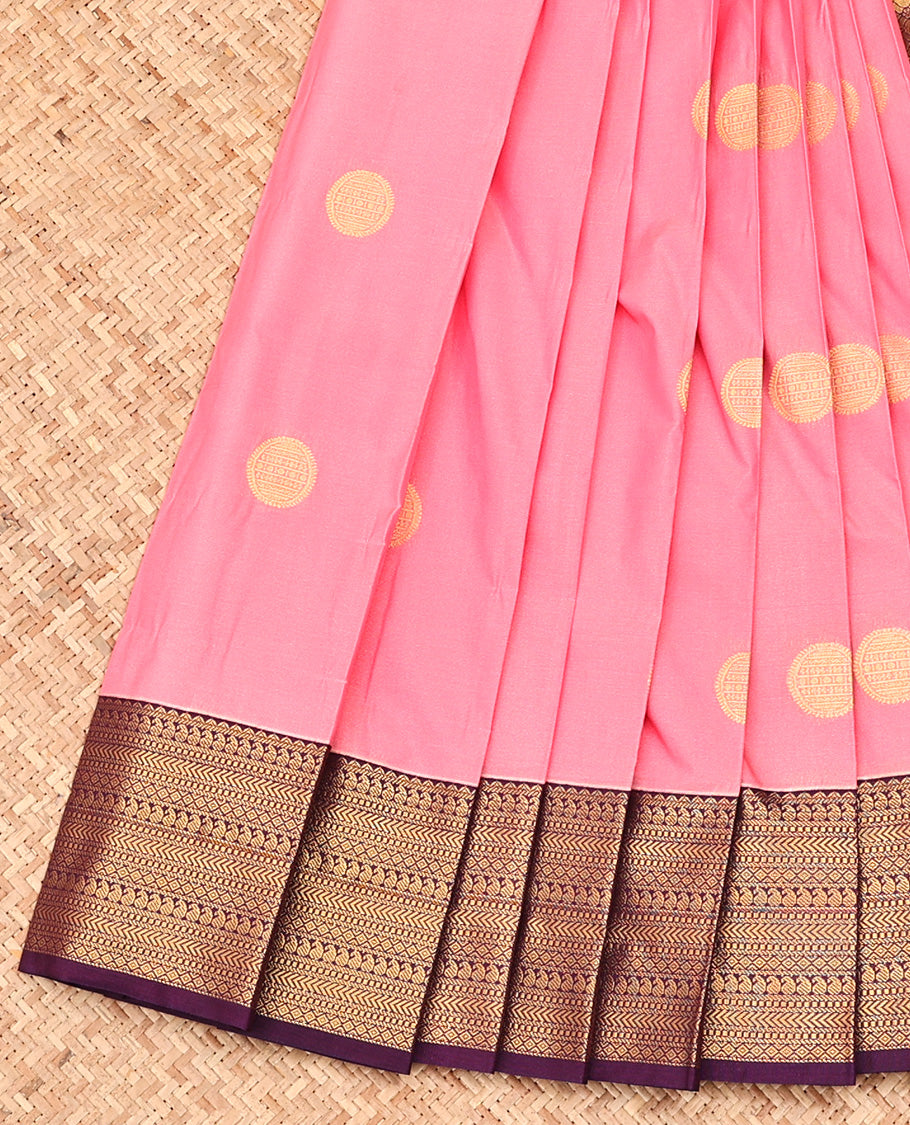 Pink Beautified with Zari Buttas All Over Its Body, Complemented by Captivating Contrast Traditional Zari Designs Woven Border, Grand Jaal Pallu and Paired with a Contrast Blouse