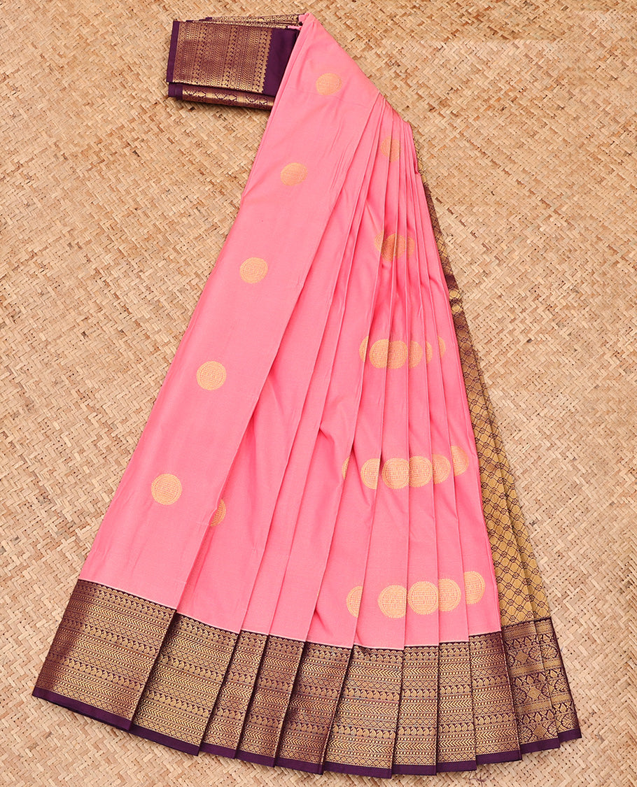 Pink Beautified with Zari Buttas All Over Its Body, Complemented by Captivating Contrast Traditional Zari Designs Woven Border, Grand Jaal Pallu and Paired with a Contrast Blouse