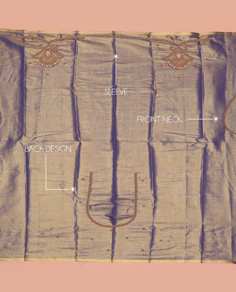 Blue Aari Blouse Material, Decorated with Unique Pattern Sugar Bead Embroidery on Its Sleeves, and Subtle Sugar Bead Work on Its Back and Front Neck