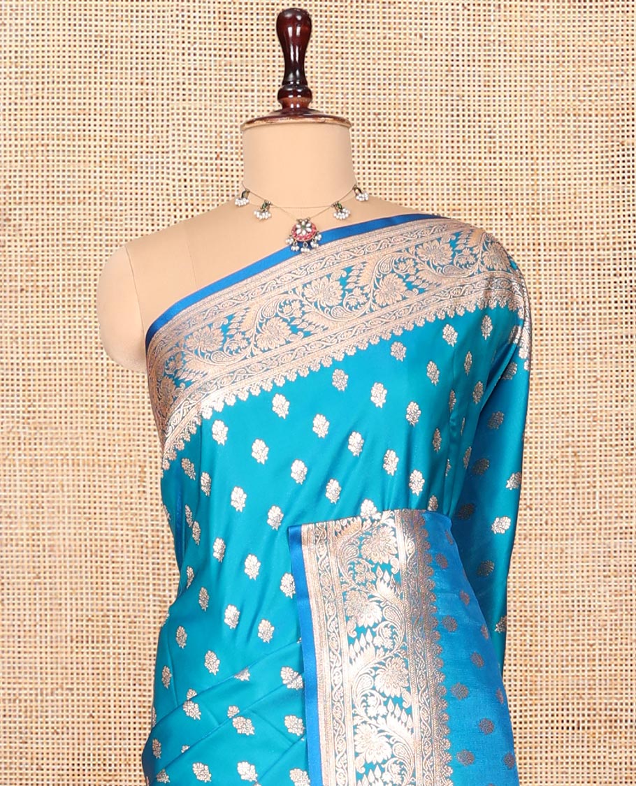 Blue Banarasi Nylon Saree, Embellished with Jacquard, a Floral Creeper Zari Border, Intricate Pallu, and a Matching Blouse