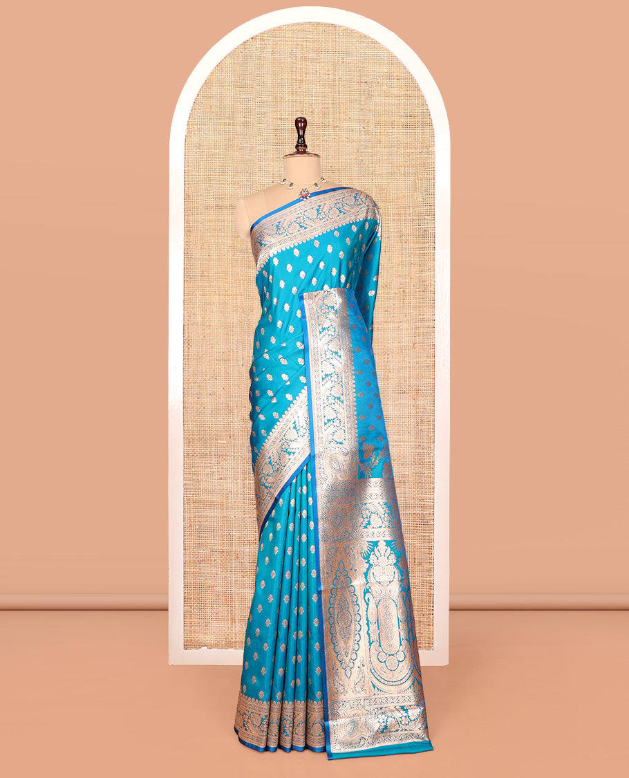 Blue Banarasi Nylon Saree, Embellished with Jacquard, a Floral Creeper Zari Border, Intricate Pallu, and a Matching Blouse