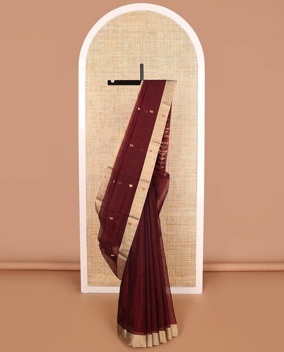Brown paisely design chanderi cotton saree with contrast border & geometric design pallu
