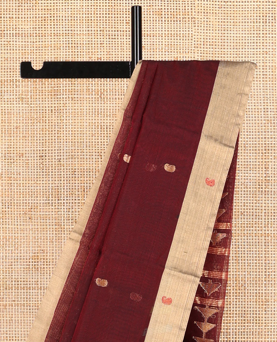 Brown paisely design chanderi cotton saree with contrast border & geometric design pallu