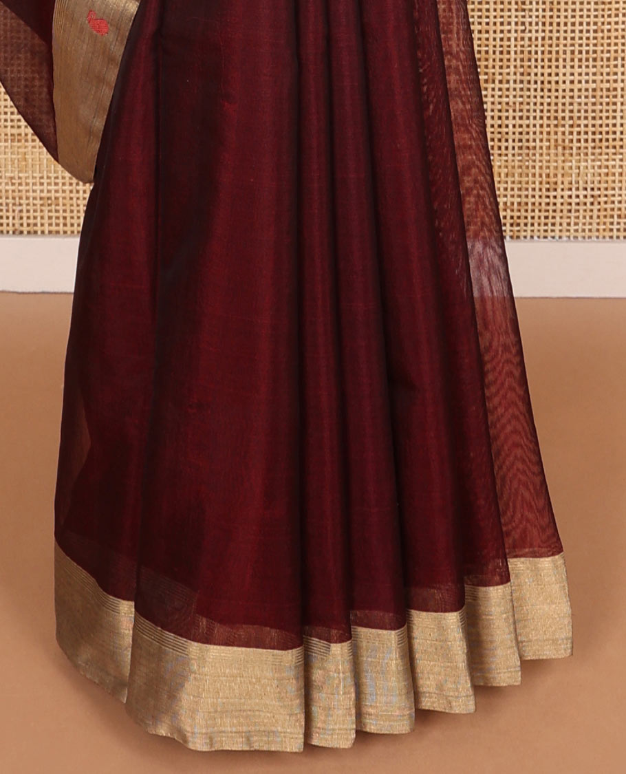 Brown paisely design chanderi cotton saree with contrast border & geometric design pallu