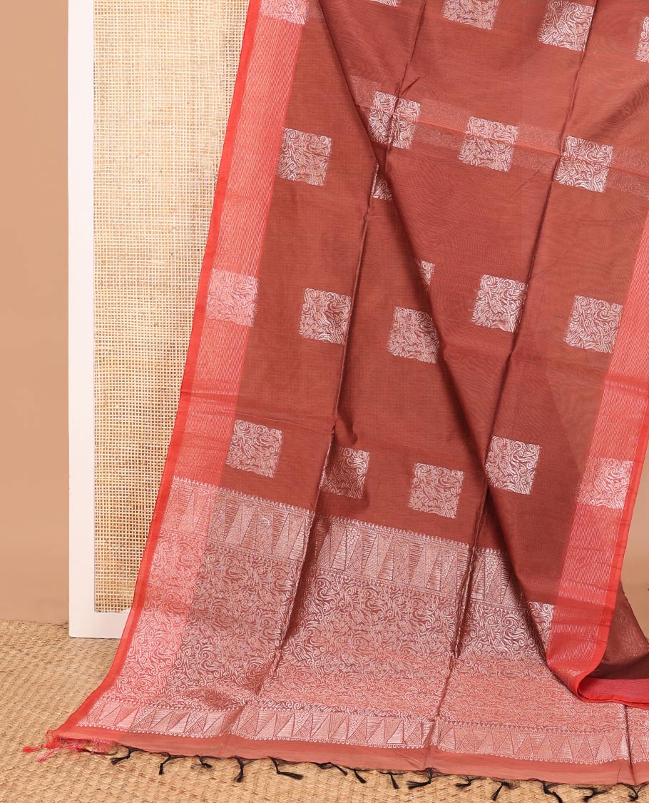 Burnt umber square buttas woven semi-silk cotton saree, contrast zari buttas woven border, and intricate pallu