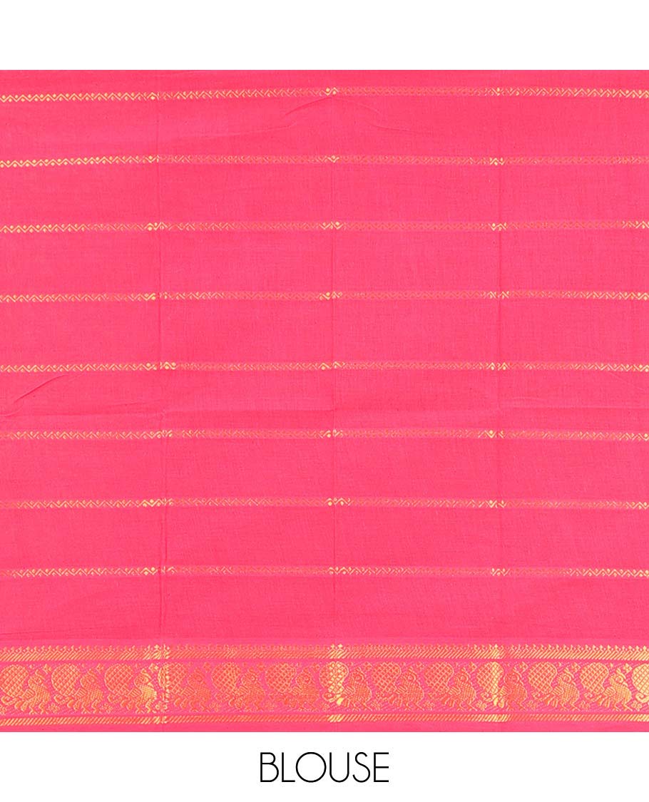 Yellow zari buttas Sungudi cotton saree, contrast leaf motifs zari border & zari striped pallu