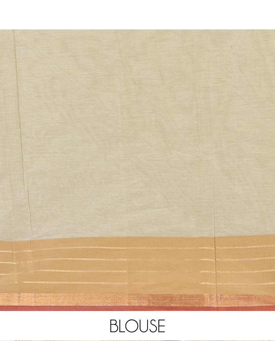 Pastel green chakra, and paisley buttas Coimbatore cotton saree, contrast butta enclosed checked border, and pallu of paisleys and chevron design