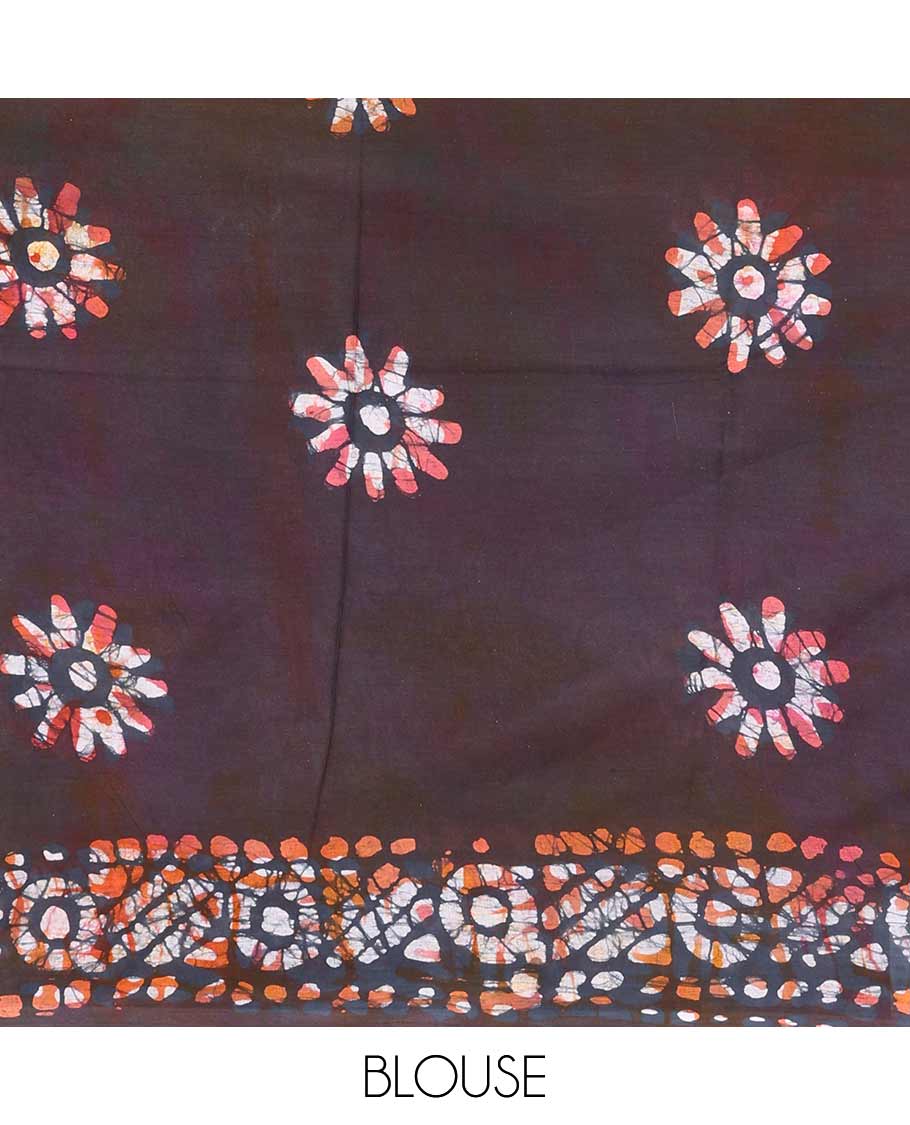 Blue base batik printed mul mul cotton saree, batik printed self-border, and pallu