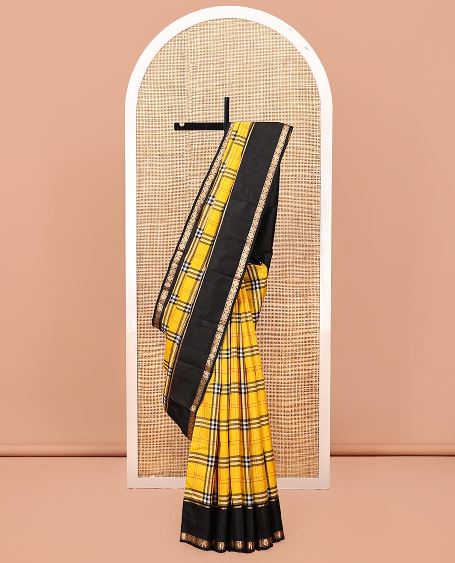 Yellow-Black Vasundhara Lite Silkmix Saree, Elevated with Checks, Contrast Rettai Pettu Border of Rekku and Poun, Zari-Striped Pallu, and a Contrast Blouse
