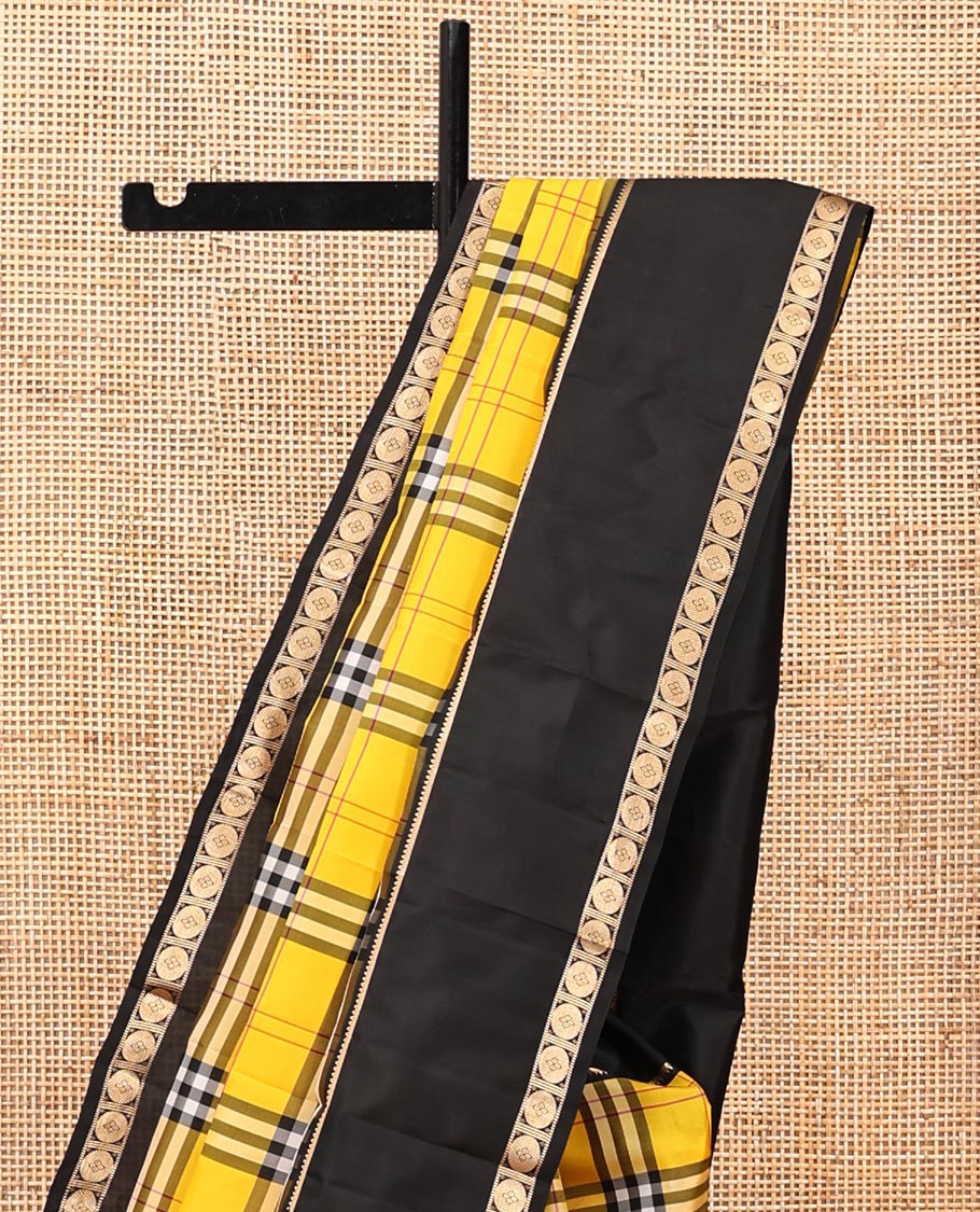 Yellow-Black Vasundhara Lite Silkmix Saree, Elevated with Checks, Contrast Rettai Pettu Border of Rekku and Poun, Zari-Striped Pallu, and a Contrast Blouse