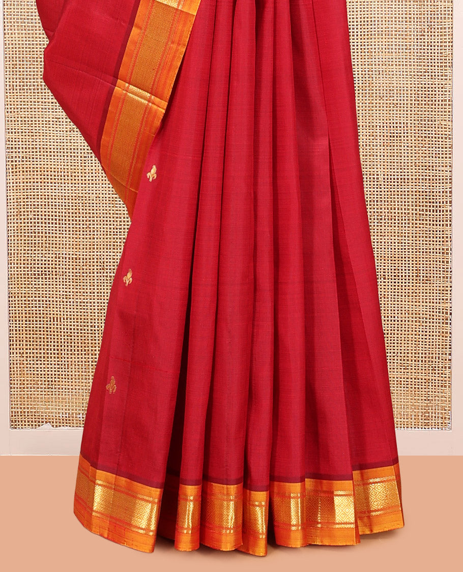 Red Kanchipuram Silk Saree, Woven with Buttas, Complemented by a Contrast Border of Banaras, and Jaal Design, Zari Design Pallu, and No Blouse