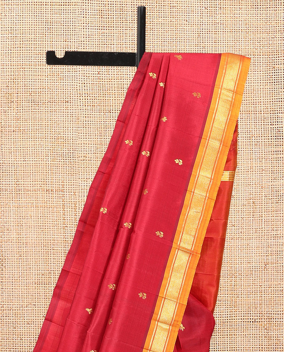 Red Kanchipuram Silk Saree, Woven with Buttas, Complemented by a Contrast Border of Banaras, and Jaal Design, Zari Design Pallu, and No Blouse