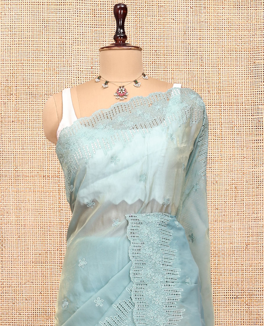 Blue Organza Saree, Masterfully Woven with Floral Embroidery, a Scallop Floral Cut-Work Embroidery Border, and a Matching Blouse