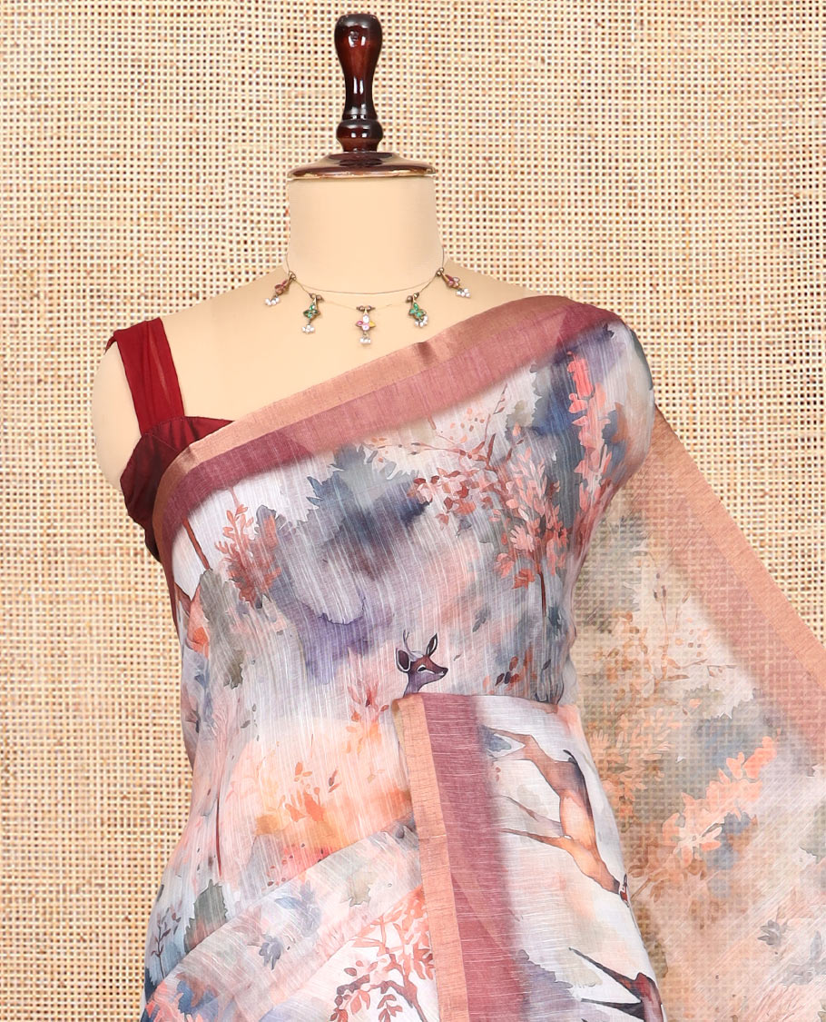 Maroon Linen Cotton Saree, Decorated with Floral and Deer Motifs Print, a Contrast Border, Striped Pallu, Contrast Blouse