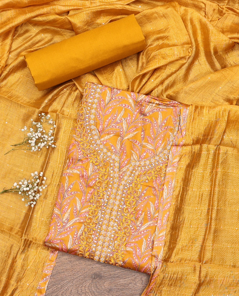 Yellow Cotton Material Chudidar Set, Beautified with Leaf Motifs Print, and Embroidery on Its Cotton Top, a Plain Cotton Bottom, and Paired with Sequins Striped Dupatta