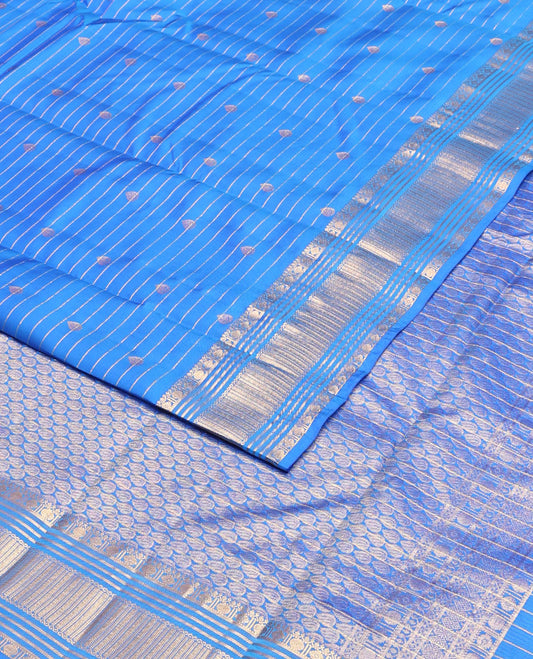 Blue zari design vasundhara silk mix saree, intricate pallu & border of thilakam mokku,rudraksham,banaras & kathir designs & leaf design pallu