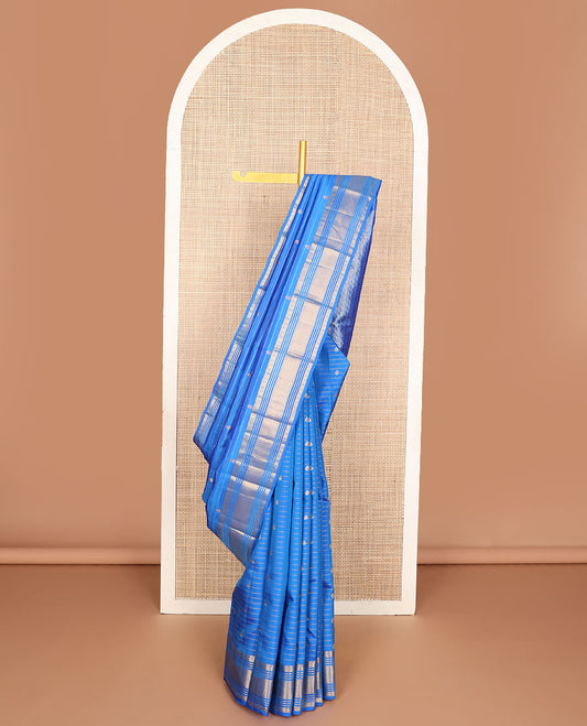 Blue zari design vasundhara silk mix saree, intricate pallu & border of thilakam mokku,rudraksham,banaras & kathir designs & leaf design pallu