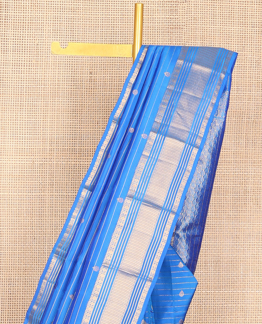 Blue zari design vasundhara silk mix saree, intricate pallu & border of thilakam mokku,rudraksham,banaras & kathir designs & leaf design pallu
