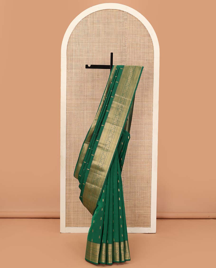 Green zari buttas Vasundhara silk mix saree, zari border of rekku, muthu, mayil kann, and kodi visiry and jaal pallu