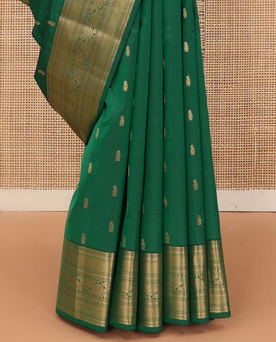 Green zari buttas Vasundhara silk mix saree, zari border of rekku, muthu, mayil kann, and kodi visiry and jaal pallu