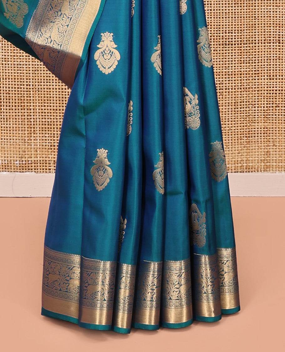 Blue Vasundhara Lite Silk Mix Saree, Elevated with Zari Buttas All Over Its Body, Highlighted by Zari Border of Kathir, Kamalam, and Maan Designs, Grandly Decked Up Pallu and Paired with a Matching Blouse