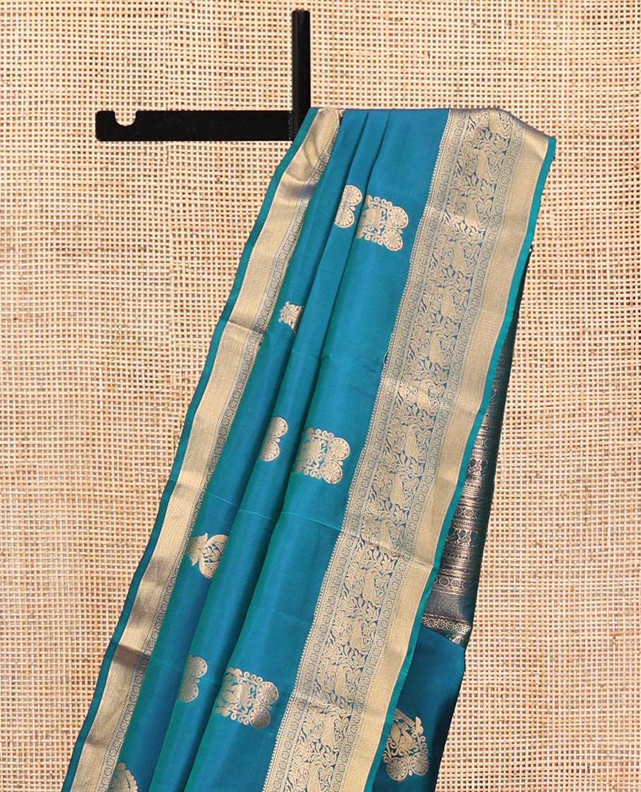 Blue Vasundhara Lite Silk Mix Saree, Elevated with Zari Buttas All Over Its Body, Highlighted by Zari Border of Kathir, Kamalam, and Maan Designs, Grandly Decked Up Pallu and Paired with a Matching Blouse
