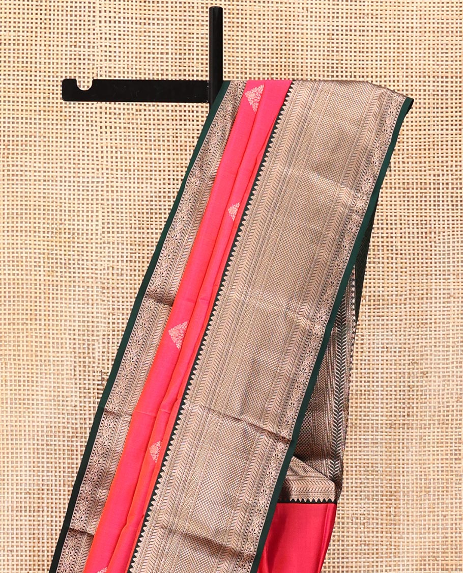 Pink Vasundhara Silk Saree, Gleamed Up with Zari Buttas All Over Its Body, Complemented by a Contrast Border of Kathir, and Jaal Designs, Grand Jaal Pallu, and Paired with a Contrast Blouse
