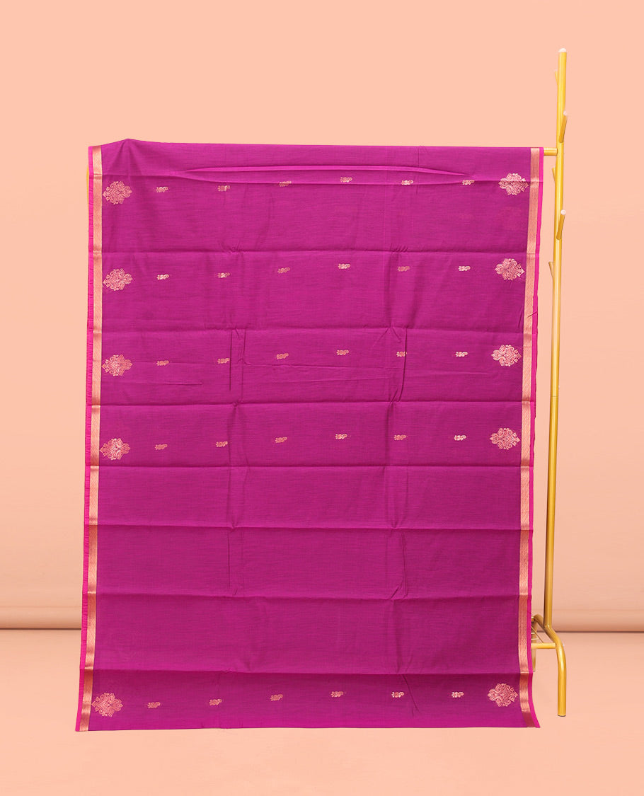 Rani Pink Semi-Silk Cotton Saree, Gleamed Up with Zari Buttas All Over Its Body, Highlighted by a Zari Piping Border, Complemented by a Contrast Pallu of Butta Enclosed Checked Design, and Paired with a Contrast Blouse