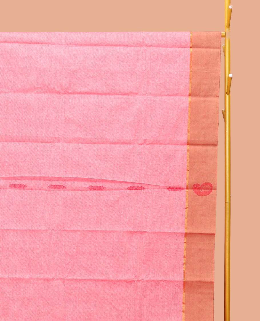 Pink Kanchi Cotton Saree, Adorned with Buttas, Contrast Paisley and Temple Design Border, Pallu of Floral and Peacock Design, and a Matching Blouse