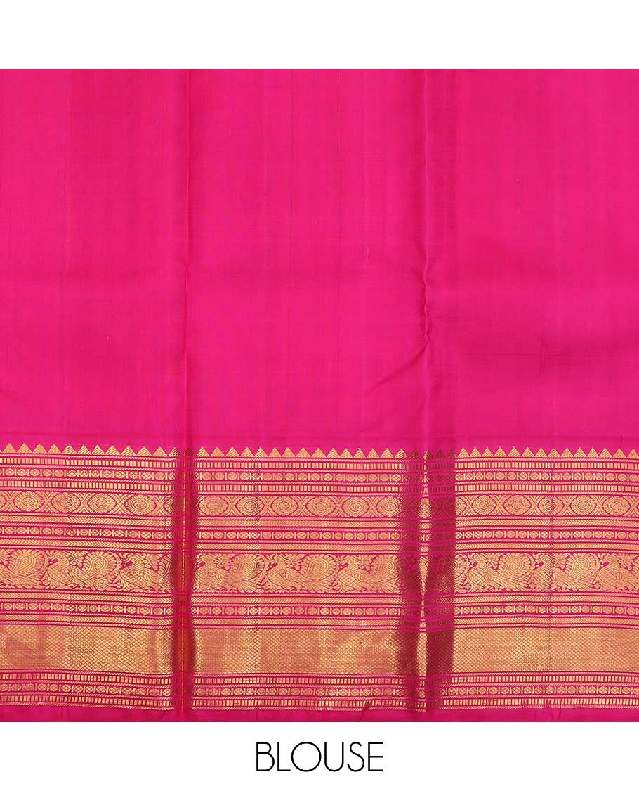 Yellow pure silk half saree, kamalam buttas skirt, contrast border, and blouse of rekku,muthu,kathir,chakram,mayil and kuyil kann, and zari checked dhavani