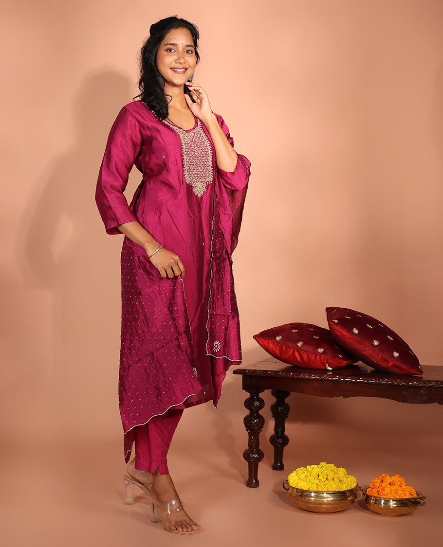 Maroon Glass Fabric Readymade Suit
