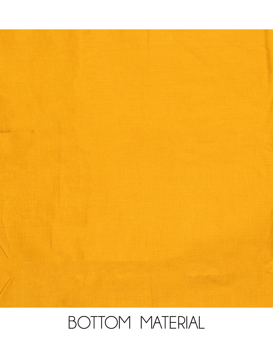 Yellow Cotton Material Chudidar Set, Beautified with Leaf Motifs Print, and Embroidery on Its Cotton Top, a Plain Cotton Bottom, and Paired with Sequins Striped Dupatta