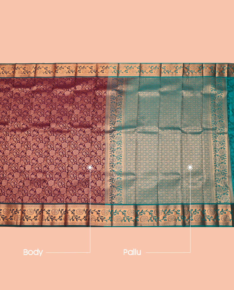 Wine Budget Silk Saree, Bedecked with Jacquard Design, Contrast Traditional Zari Border, Grand Pallu, and a Contrast Blouse