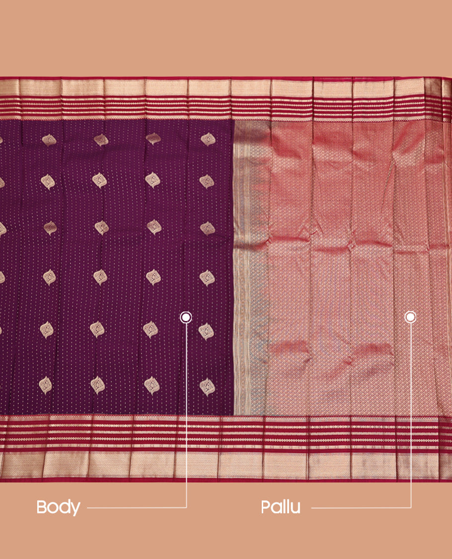 Purple Budget Silk Saree, Detailed with Zari Buttas, Contrast Traditional Zari Border, Grand Pallu, and a Contrast Blouse