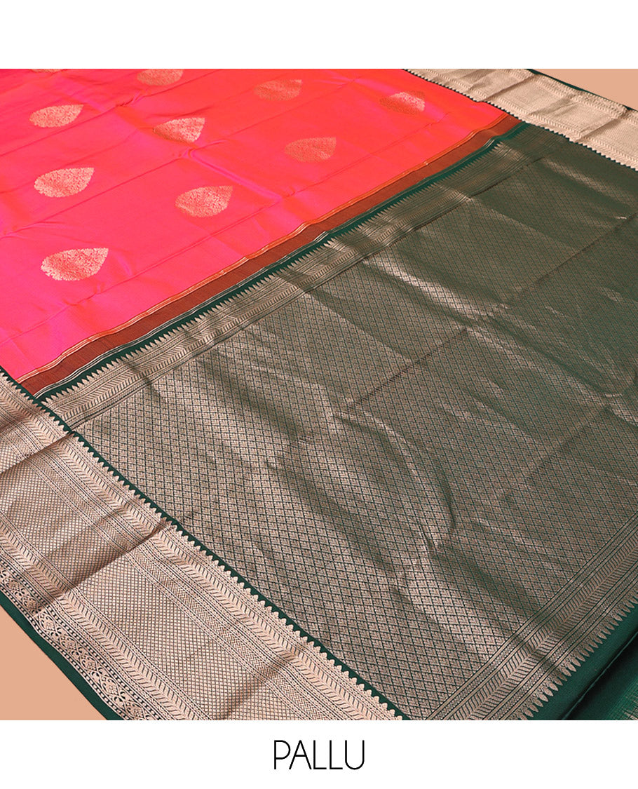 Pink Vasundhara Silk Saree, Gleamed Up with Zari Buttas All Over Its Body, Complemented by a Contrast Border of Kathir, and Jaal Designs, Grand Jaal Pallu, and Paired with a Contrast Blouse