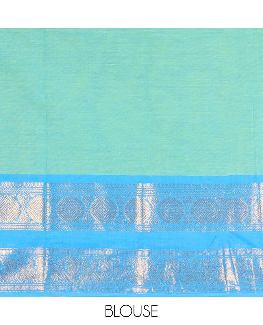 Blue Plain Chettinad Cotton Saree, Complemented by Contrast Rettai Pettu Traditional Zari Border of Peacock Chakram Designs, Pallu of Stripes, and Paired with a Matching Blouse