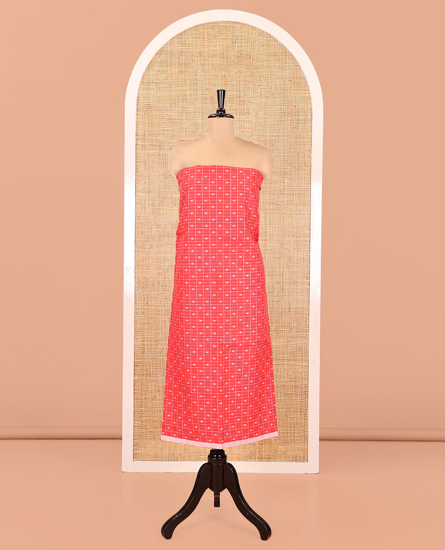 Red Handloom Cotton Material Chudidar Set Featuring Butta Enclosed Checked Top, Heathered Bottom, and Dual-Color Dupatta