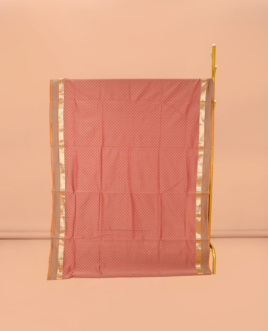 Pale Peach Checked Poly Cotton Saree, Complemented by a Contrast Zari Border, Contrast Striped Pallu, and Paired with a Contrast Blouse